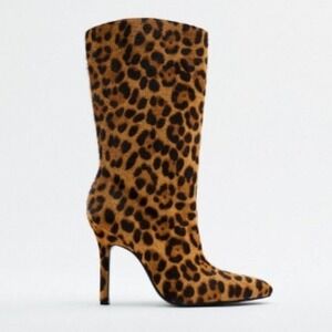 Zara Leopard Print Calf Hair Mid Calf Stiletto Pointed Toe Boots Brown Black | 8